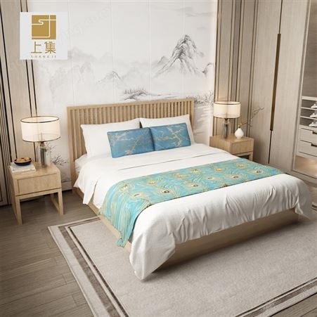 新中式实木床双人床别墅卧室1.8米2米大床会所客房民宿酒店家具