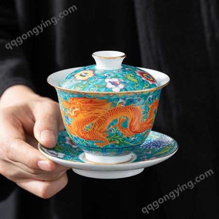 宫廷风珐琅彩掐丝盖碗陶瓷功夫茶具复古三才敬茶碗手工扒花茶碗杯